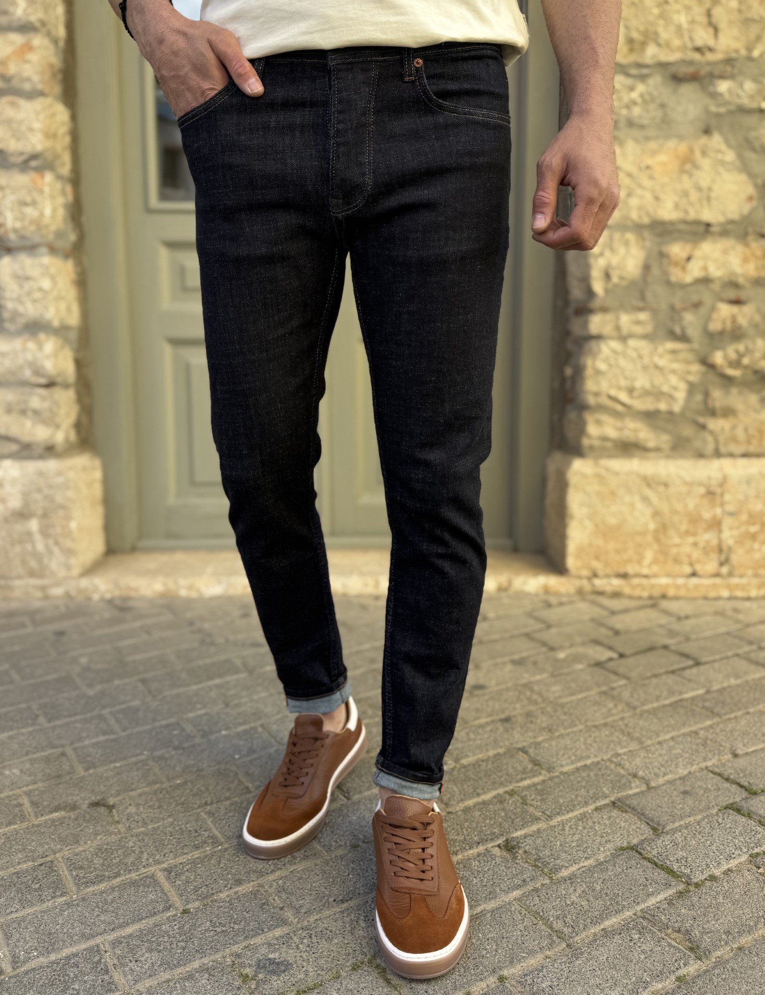Ανδρικό Slim blueblack τζιν παντελόνι πεντάτσεπο με κουμπιά 3LN496 - 3LINE - 